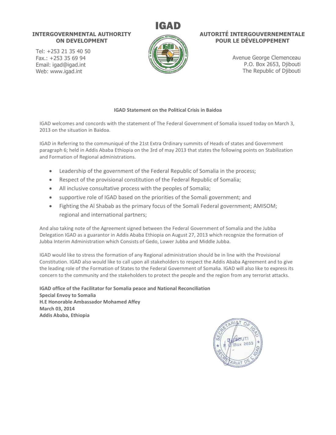 igad statement on crisis