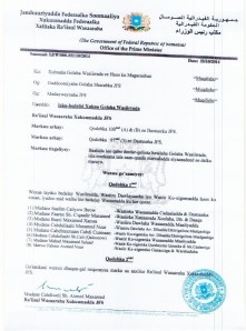 Official announcement of PM's cabinet re-shuffle. Credit: Radio Muqdisho